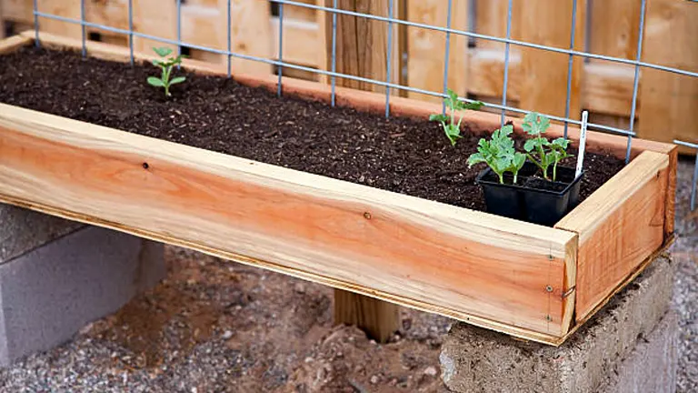 Raised redwood garden bed with young plants and a trellis, ready for gardening