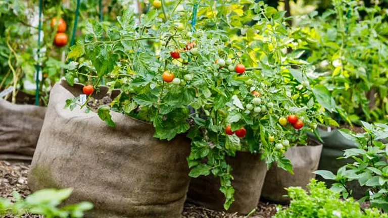Tomato plants with ripe and unripe tomatoes growing in burlap grow bags in a garden with a mulch-covered soil.