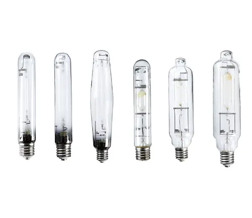 A sequence of five high-intensity discharge (HID) lamps with varying internal structures, displayed side by side against a white background
