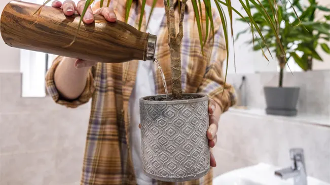 Person watering a potted plant with a wooden watering can