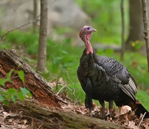 A wild turkey with iridescent black feathers and a distinctive red wattle stands alert in a wooded area with leaf-littered ground and a fallen tree trunk in the background.