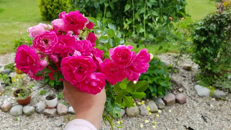 A hand holding a bouquet of bright pink roses with a lush garden in the background.