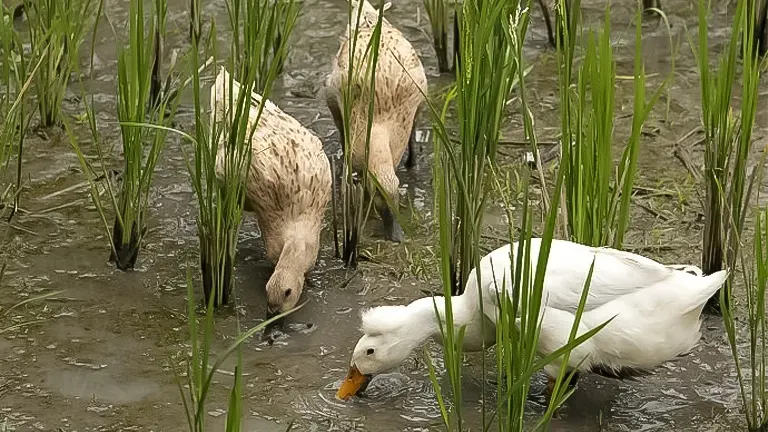 Two ducks foraging in a serene wetland environment