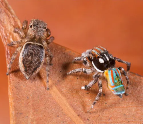 Two small jumping spiders with unique adaptations for hunting, sitting on top of a leaf.