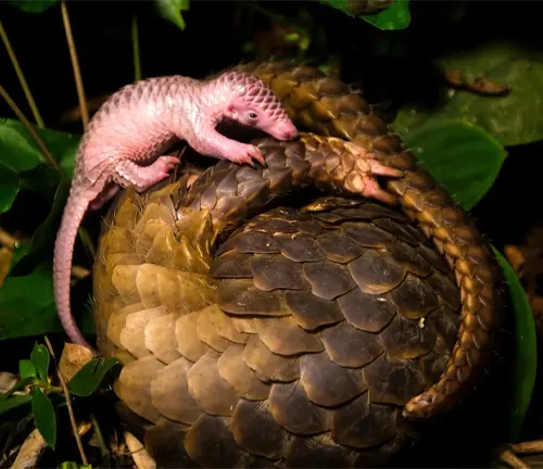 Alt text: "Black-bellied Pangolin - a small mammal with black scales, curled tail, and sharp claws."