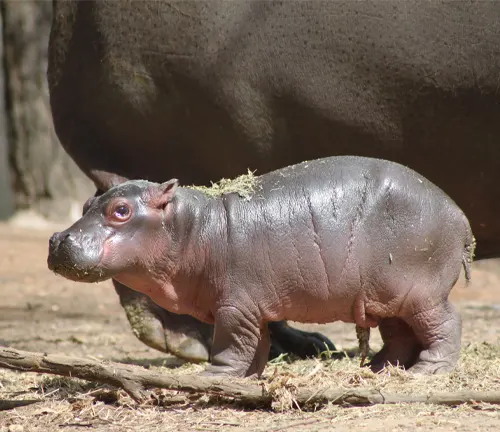 A baby hippo stands beside its mother, showcasing the parental care in the world of hippos.
