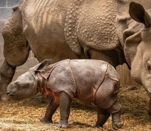  A baby rhino stands beside its mother, emphasizing the Gestation Period of the Indian Rhinoceros.