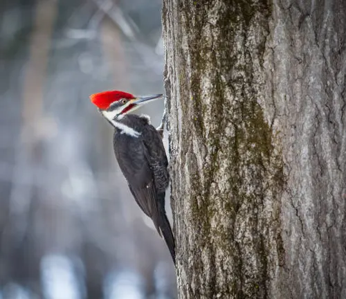 A Pileated Woodpecker with a striking red crest and black and white plumage, clinging to the side of a tree trunk in a winter setting.