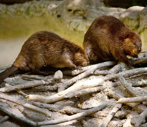 Two Eurasian beavers standing on a pile of sticks, representing family units in their natural habitat.