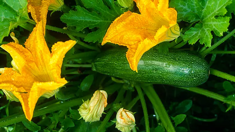 A zucchini plant with a ripe zucchini and vibrant yellow blossoms nestled among green leaves, with droplets of water on the plant.
