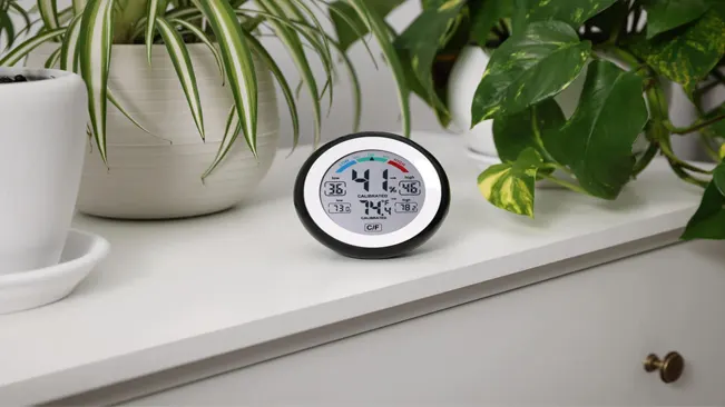 hygrometer on a windowsill displays temperature and humidity levels among indoor plants
