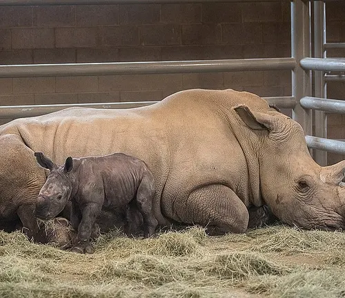 A mother rhino and her baby resting in hay. Symbolic of the gestation period of White Rhinoceros.