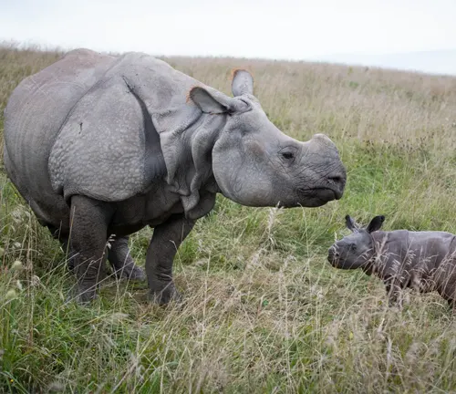 A mother and baby Indian rhinoceros in the grass. Offspring Care: Indian Rhinoceros.