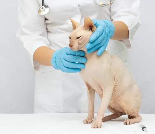 A woman in a white coat carefully examines a hairless Sphynx cat, possibly checking for skin conditions.