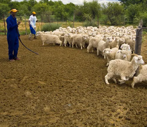 two workers in blue uniforms tending to a large flock of Angora goats in a muddy enclosure