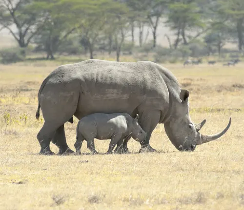 A white rhinoceros with its baby in the wild, showcasing maternal care.