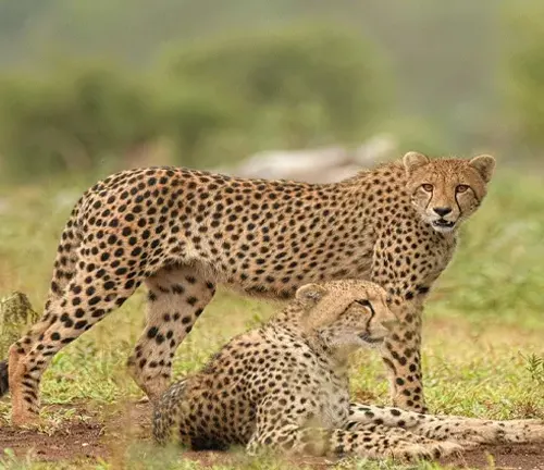 Two cheetahs in the wild, one standing and the other crouching, ready to mate.