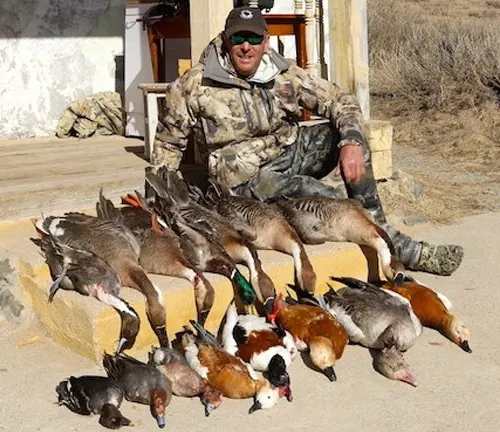 A man in camouflage gear sitting on a bench surrounded by ducks.