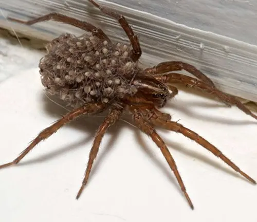 A Wolf Spider with a large brown body and small white spots.