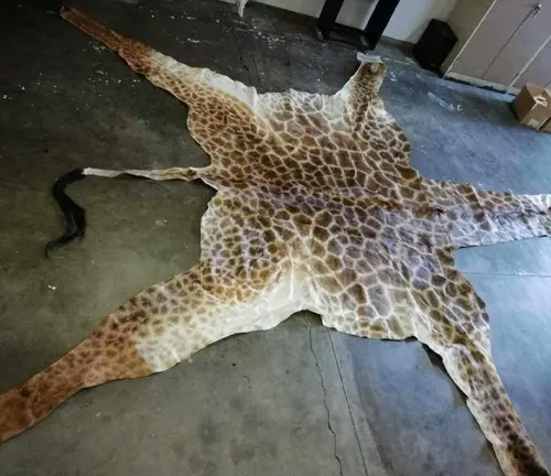 A giraffe skin on the floor, a tragic reminder of the consequences of poaching these majestic creatures.