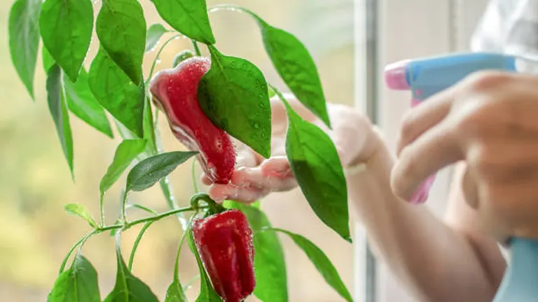 Close-up of a person's hand spraying water on a potted bell pepper plant with ripe red peppers and green leaves, located indoors near a window.