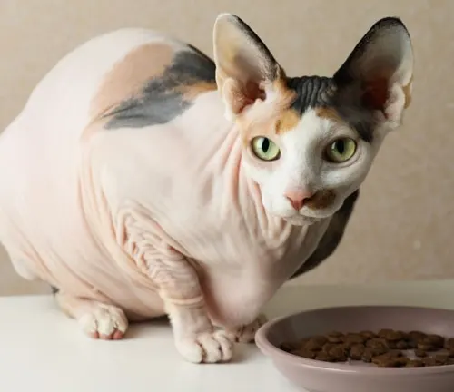 A hairless Sphynx cat stands beside a food bowl, emphasizing the importance of a balanced diet for this unique breed.