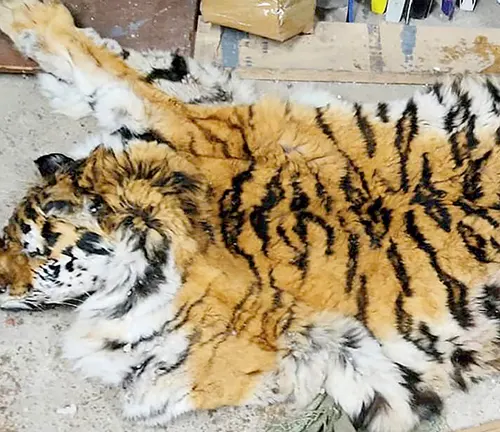 A Bengal tiger skin lies on the ground, a tragic reminder of the consequences of poaching and illegal wildlife trade.