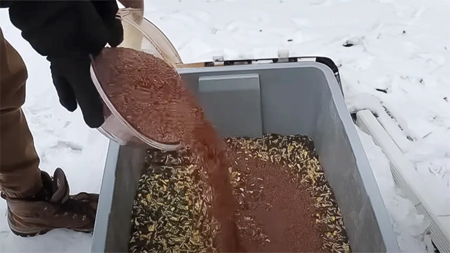 A gloved hand is pouring lentils from a clear container into a bin with various grains on snowy ground.