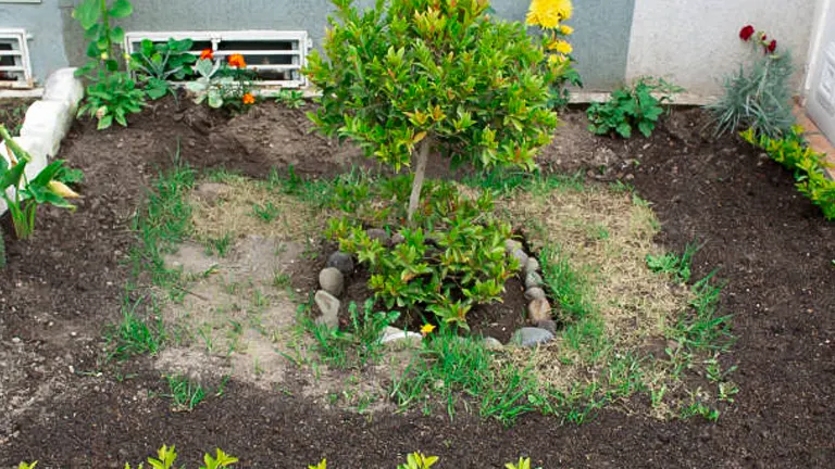 A freshly cultivated garden bed with a young tree at the center, surrounded by smaller shrubs and plants, with a backdrop of a house wall and vent covers.