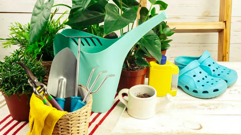Gardening tools in a basket, potted plants, a watering can, blue garden clogs, and a mug of tea on a wooden deck