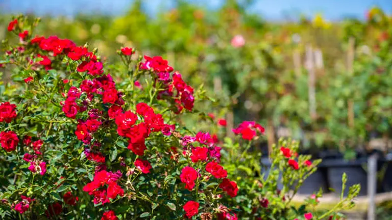 Bright red roses in full bloom in a sunny garden setting.