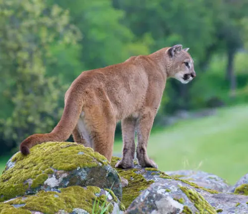 A mountain lion stands attentively on a moss-covered boulder with a soft-focus background of green trees and grass.