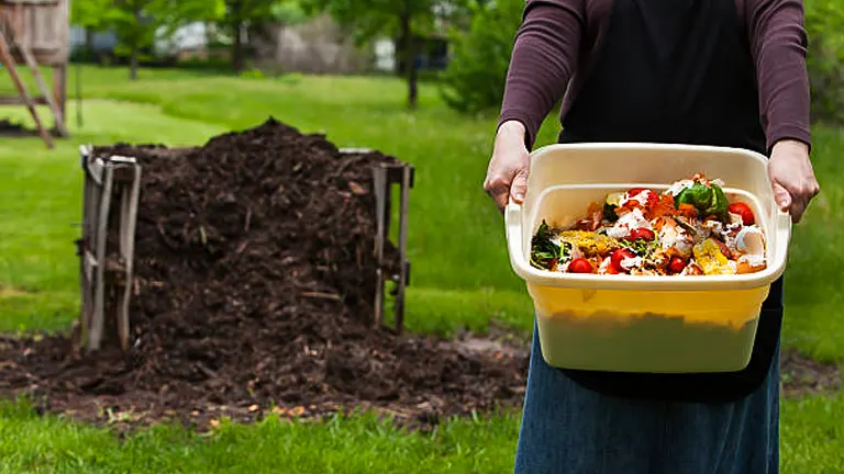A person holding a large container filled with kitchen scraps for composting, with a compost pile and compost bin in the background on a grassy area.