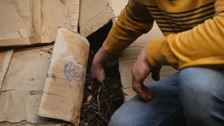 A person uncovers an opening beneath worn cardboard with a recycling symbol.
