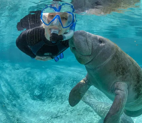 A person in a wetsuit and snorkeling mask swimming underwater alongside a manatee in clear blue waters.