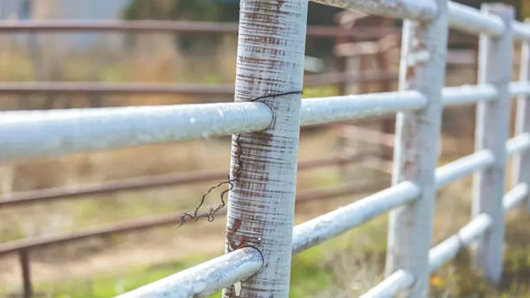A weathered white fence with peeling paint and rust spots, showing signs of age and wear. A single barbed wire is loosely wrapped around one of the posts, against a blurred background of a grassy field.