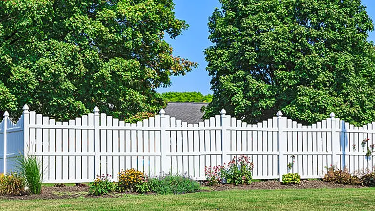 A classic white picket fence surrounds a well-manicured lawn adorned with flowering shrubs and trees, evoking a picturesque suburban setting.