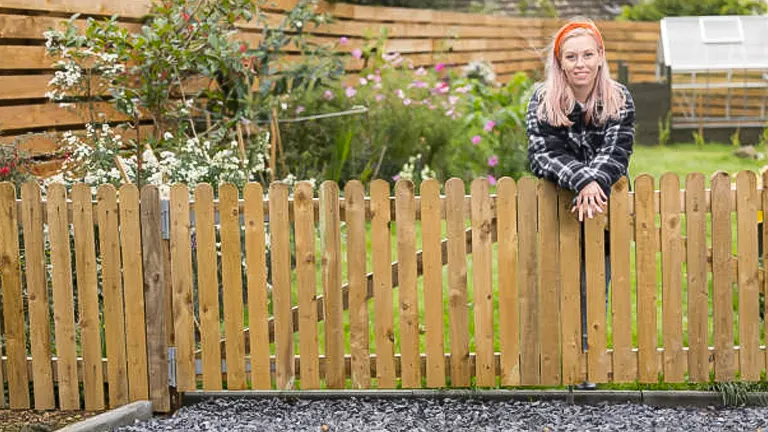 A woman with blonde hair wearing a plaid shirt and a headband leans on a wooden fence with a garden in the background.
