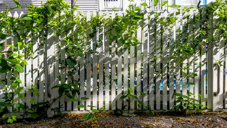 A white picket fence overgrown with green vines in front of a house, with sunlight filtering through the leaves.