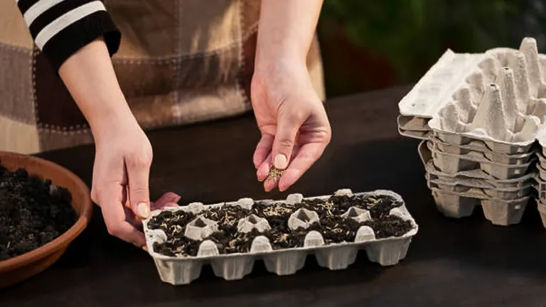 Close-up of a person's hands planting seeds in an egg carton repurposed as a seed starter tray, with a stack of empty cartons and a bowl of soil on a table.