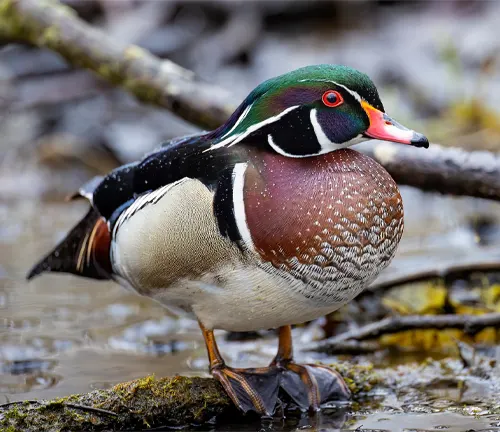 A colorful Wood Duck swimming gracefully on calm water, showcasing its vibrant plumage and distinctive crest.
