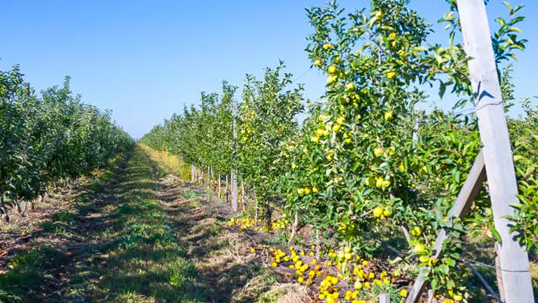 A sunny view of a well-maintained apple orchard with ripe fruit hanging on the trees, and vibrant marigolds blooming at the base, providing natural pest control along the neat rows.