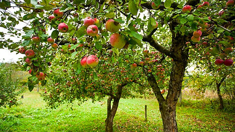 An apple tree laden with red and pink apples in a lush orchard, with fallen apples dotting the grassy ground.
