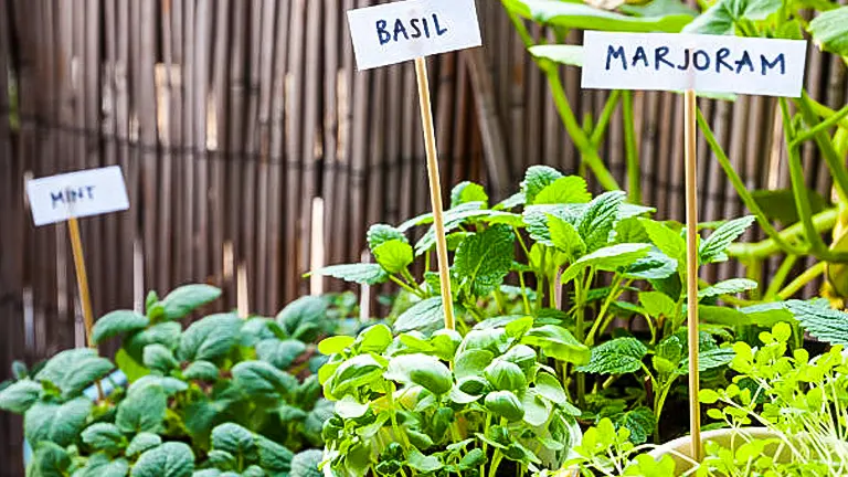 A variety of potted herbs including basil, mint, and marjoram, with labeled signs, growing lushly in a garden setting with a bamboo fence in the background.