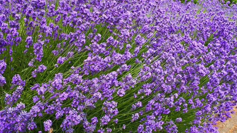 Dense clusters of vibrant purple lavender flowers in full bloom, swaying in a garden bed.