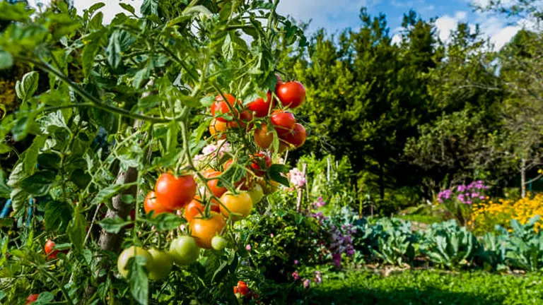 A vibrant tomato plant with a mix of ripe red and unripe green tomatoes in a lush backyard garden, under a clear blue sky.