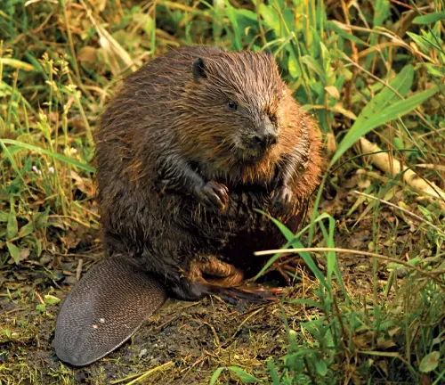 A Eurasian Beaver sitting on the ground in the grass.