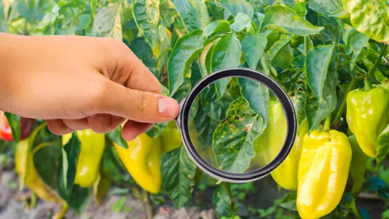 A person's hand holding a magnifying glass over a leaf of a bell pepper plant with yellow peppers, inspecting for plant health or pests.