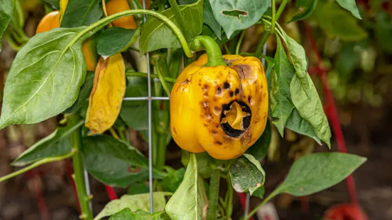 A yellow bell pepper with a blackened rot spot hanging on the plant, indicating possible disease or pest damage.