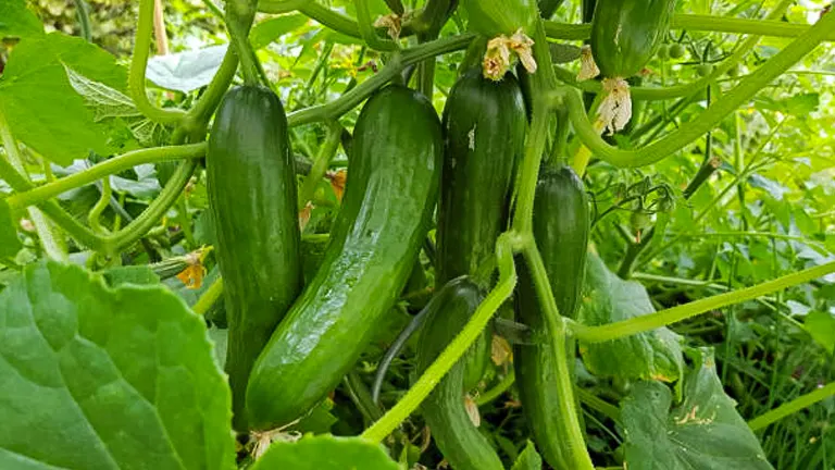 Multiple fresh cucumbers growing densely on a vine with lush green leaves.